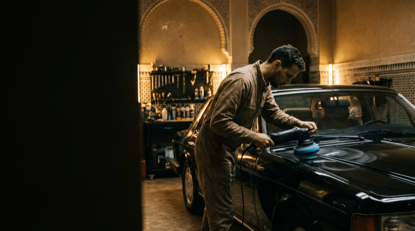 Préparateur polissant à la machine une voiture noire dans l’atelier Carlike, entretien PPF et covering à Casablanca